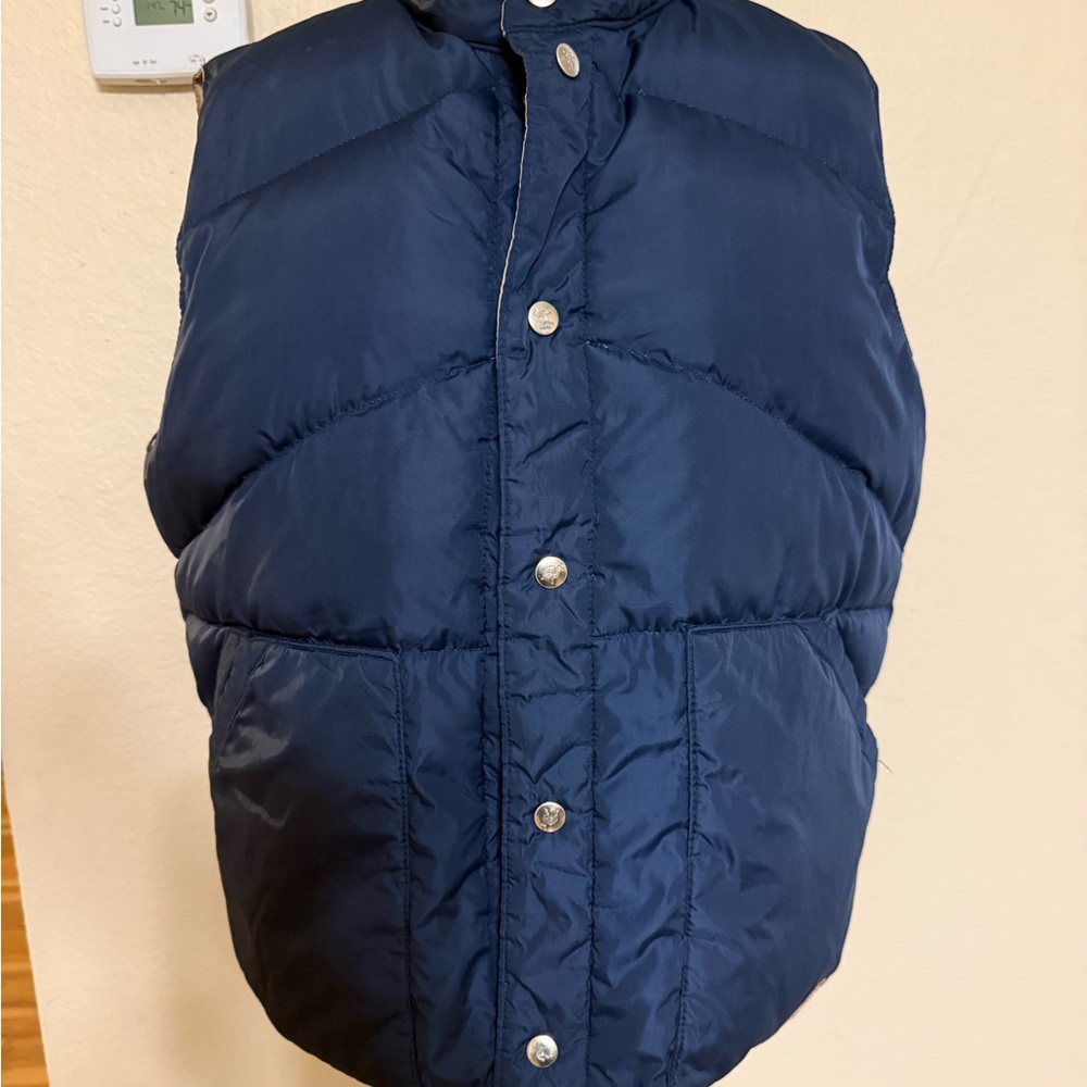 Vintage 80’s Camel Reversible Down Filled Navy Blue Khaki Snap Button Vest Large